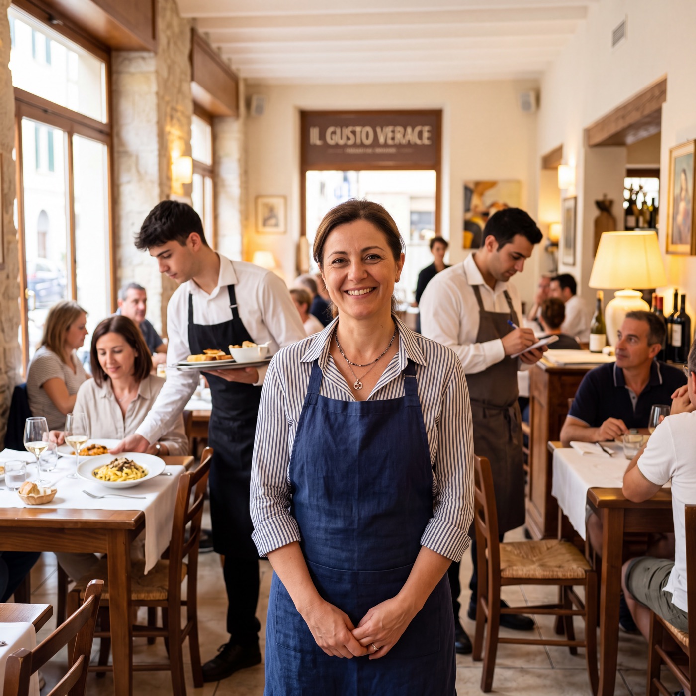 Titolare di un ristorante italiano sorride in sala durante il servizio, con la squadra al lavoro sullo sfondo